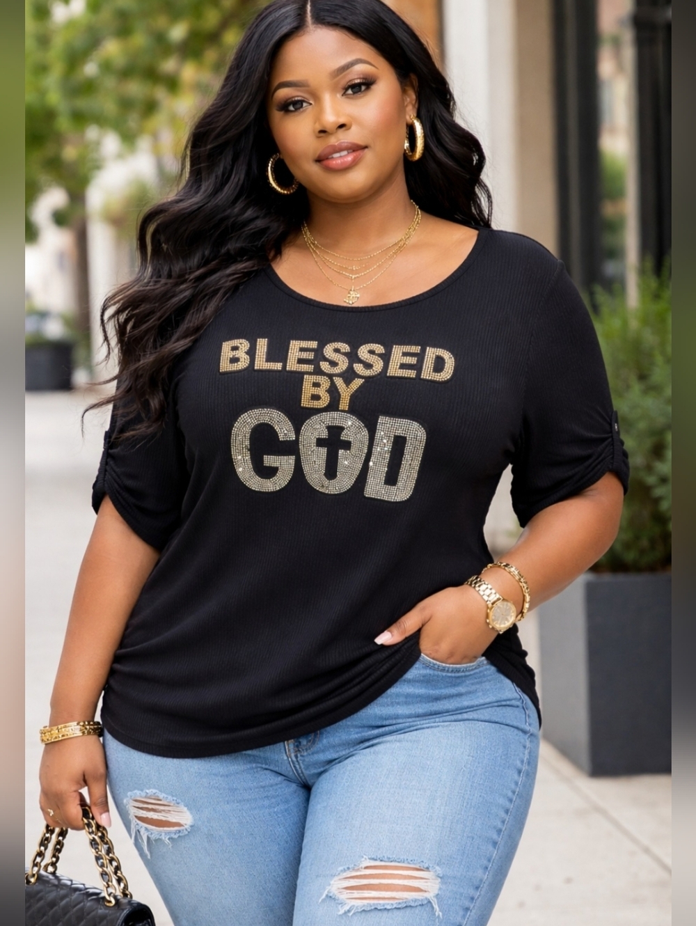 Fashion of New York 1X top with raised “Blessed By God” rhinestone logo
